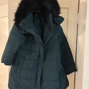 Calvin Klein Faux-Fur-Trim Hooded Puffer Coat in Forest Green size XL